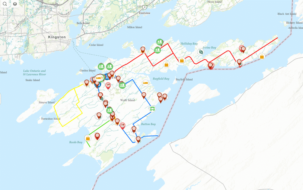 map of Wolfe Island showing business locations with a variety of icons.