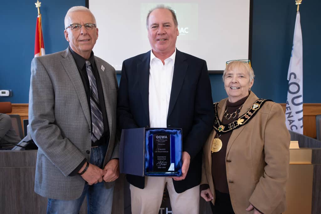 Frontenac County Deputy Warden Ron Vandewal, Frontenac County Director of Planning and Economic Development Joe Gallivan, Frontenac County Warden Frances Smith.